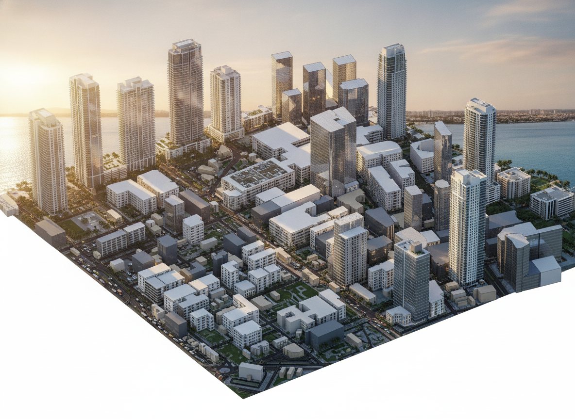 Photoreal aerial of Brickell, Miami city model