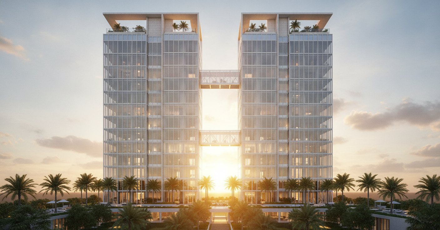 Gemelas twin-tower concept with skybridge at sunset