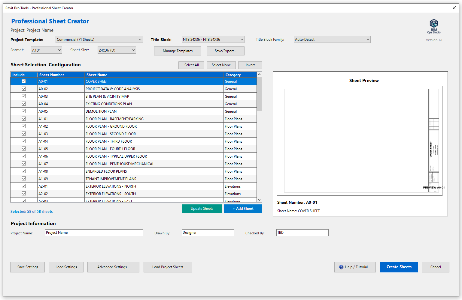 Professional Sheet Creator interface in Revit